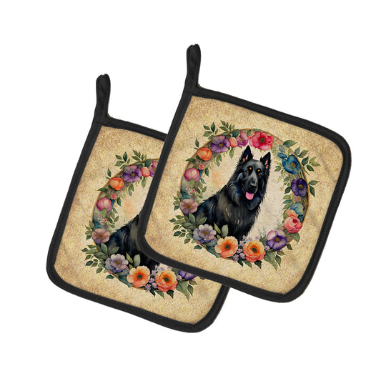 Buy this Belgian Sheepdog and Flowers Pair of Pot Holders