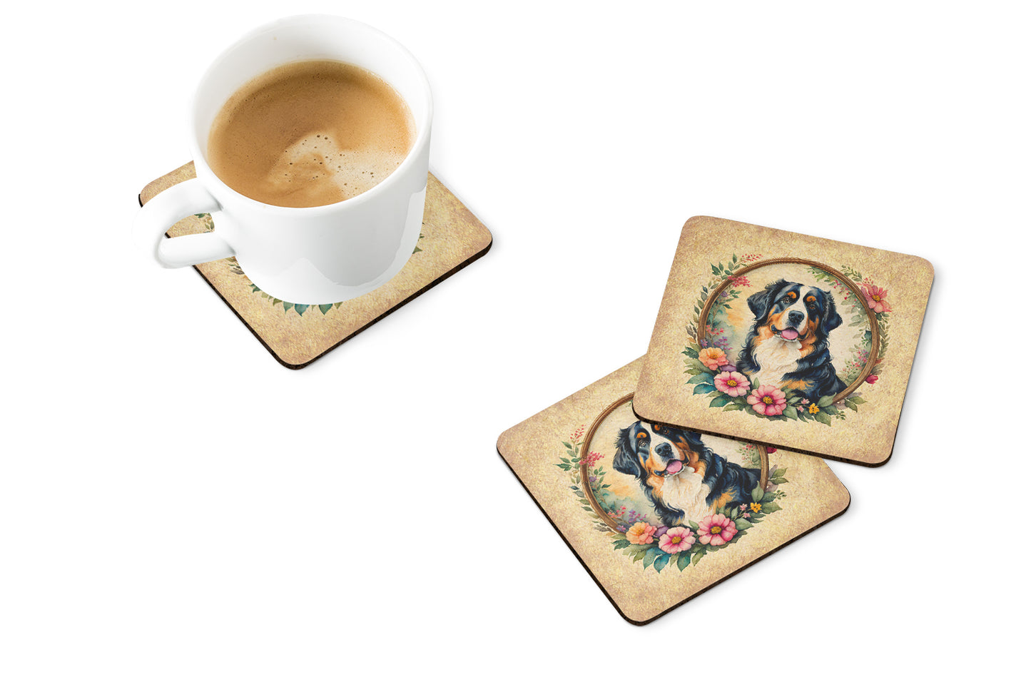 Bernese Mountain Dog and Flowers Foam Coasters