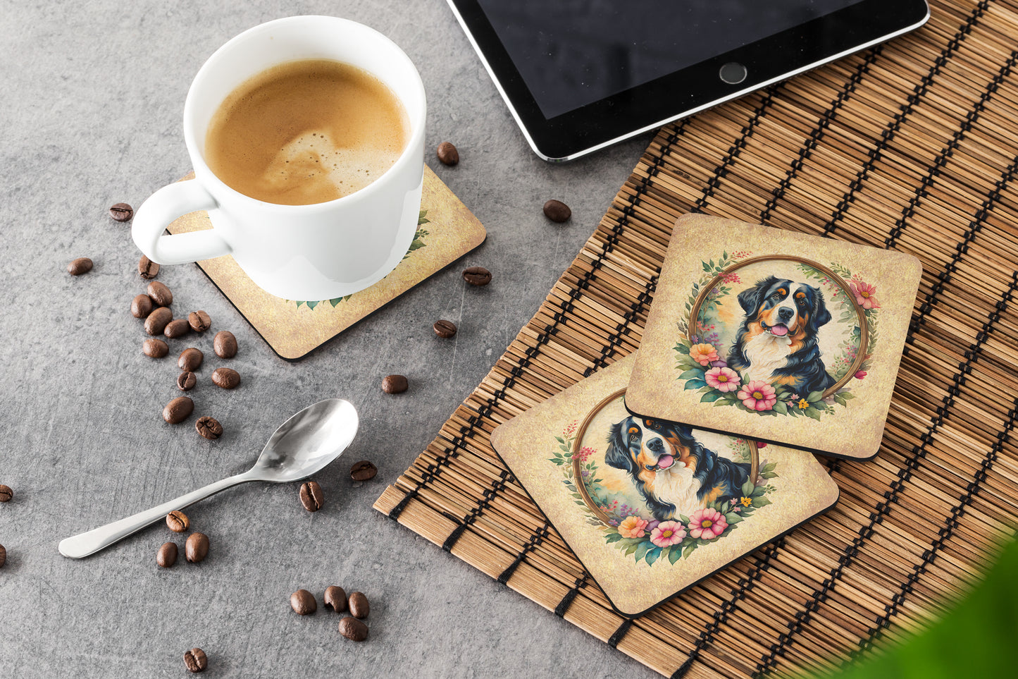 Bernese Mountain Dog and Flowers Foam Coasters