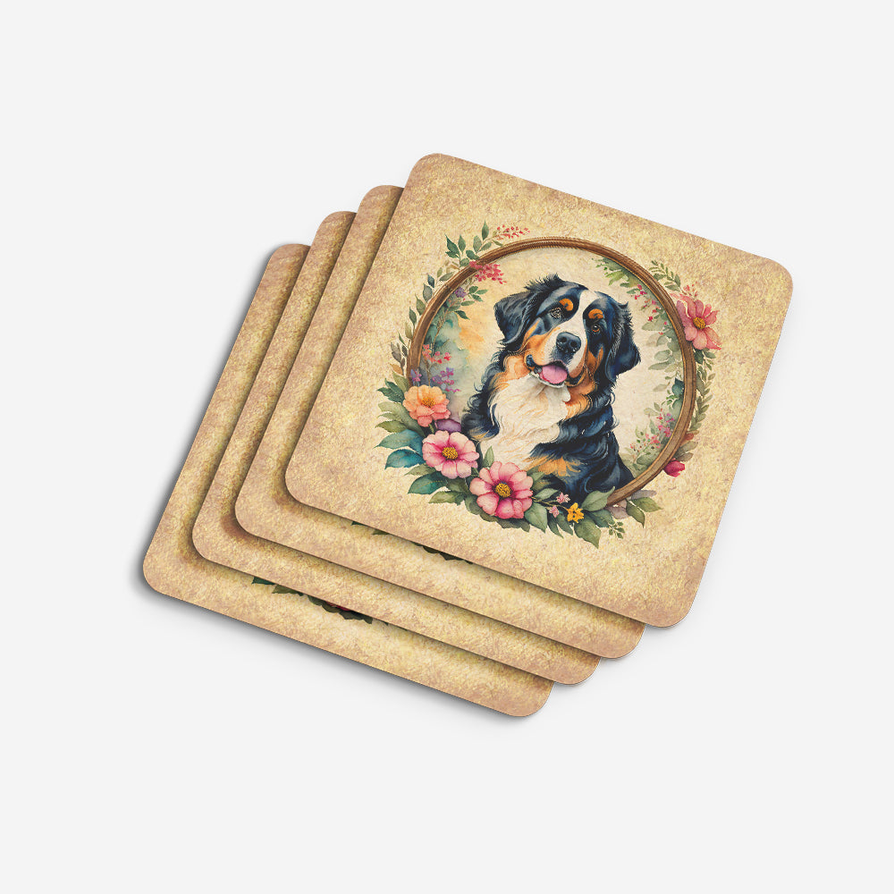 Bernese Mountain Dog and Flowers Foam Coasters