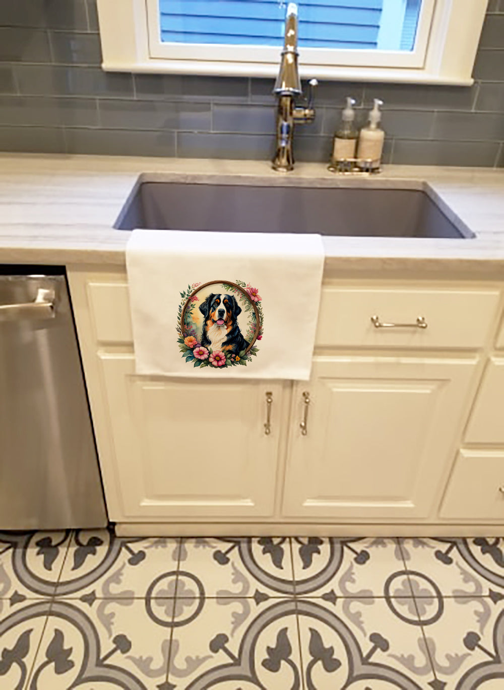 Bernese Mountain Dog and Flowers Kitchen Towel Set of 2