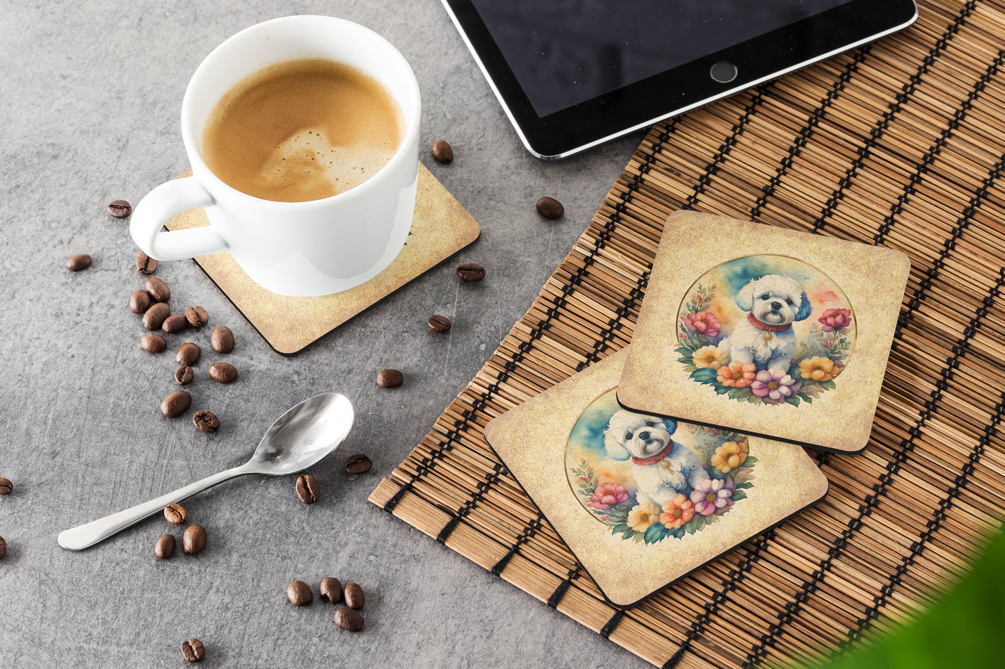 Bichon Frise and Flowers Foam Coasters