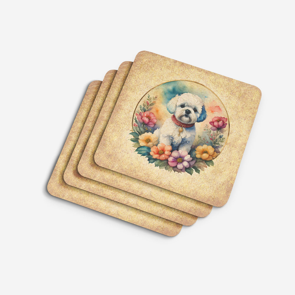 Bichon Frise and Flowers Foam Coasters