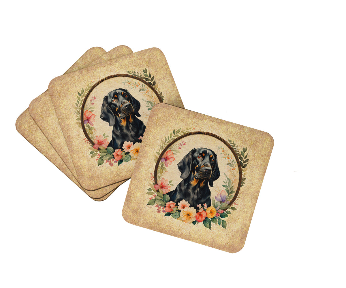 Buy this Black and Tan Coonhound and Flowers Foam Coasters