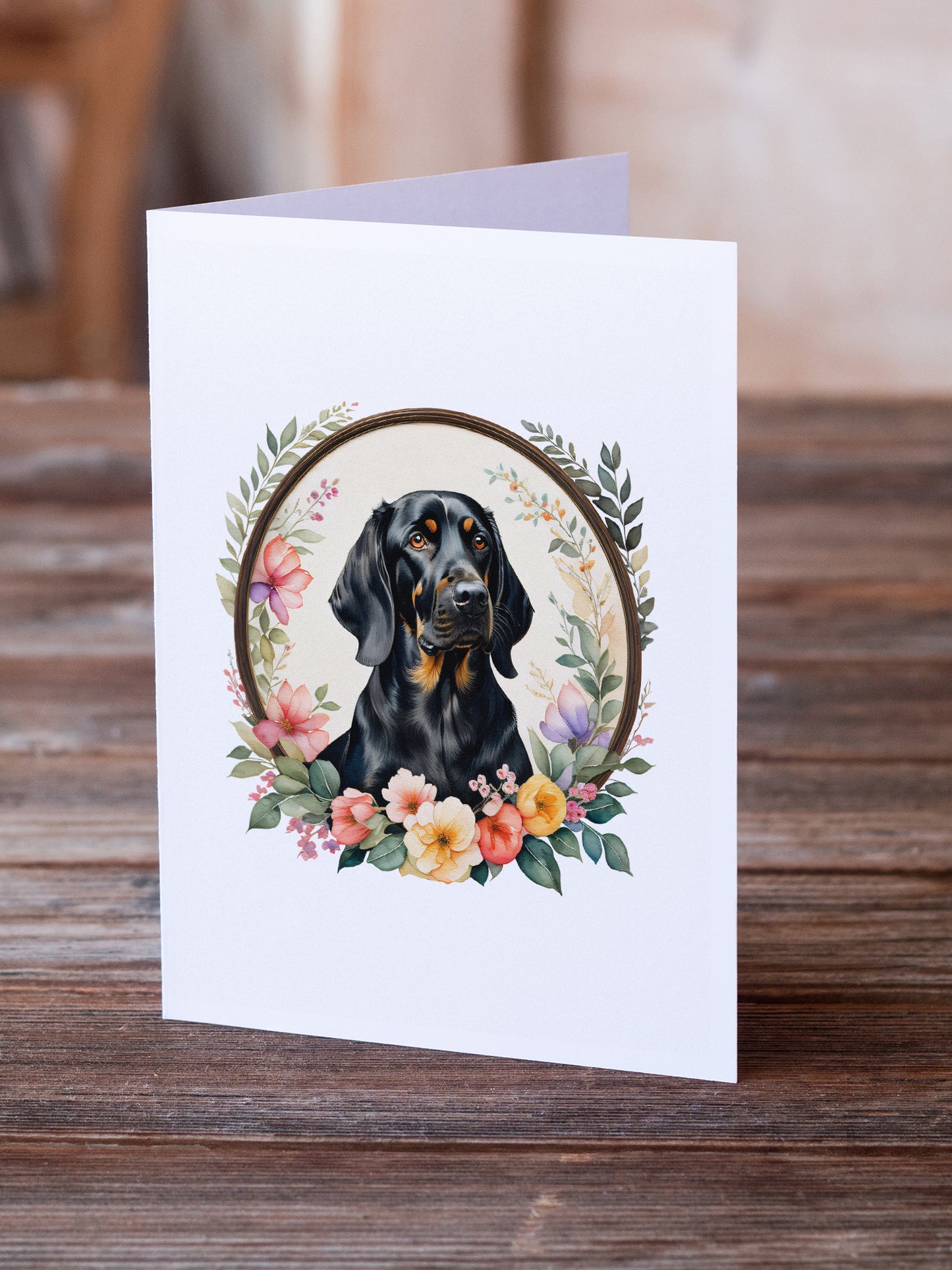 Black and Tan Coonhound and Flowers Greeting Cards and Envelopes Pack of 8