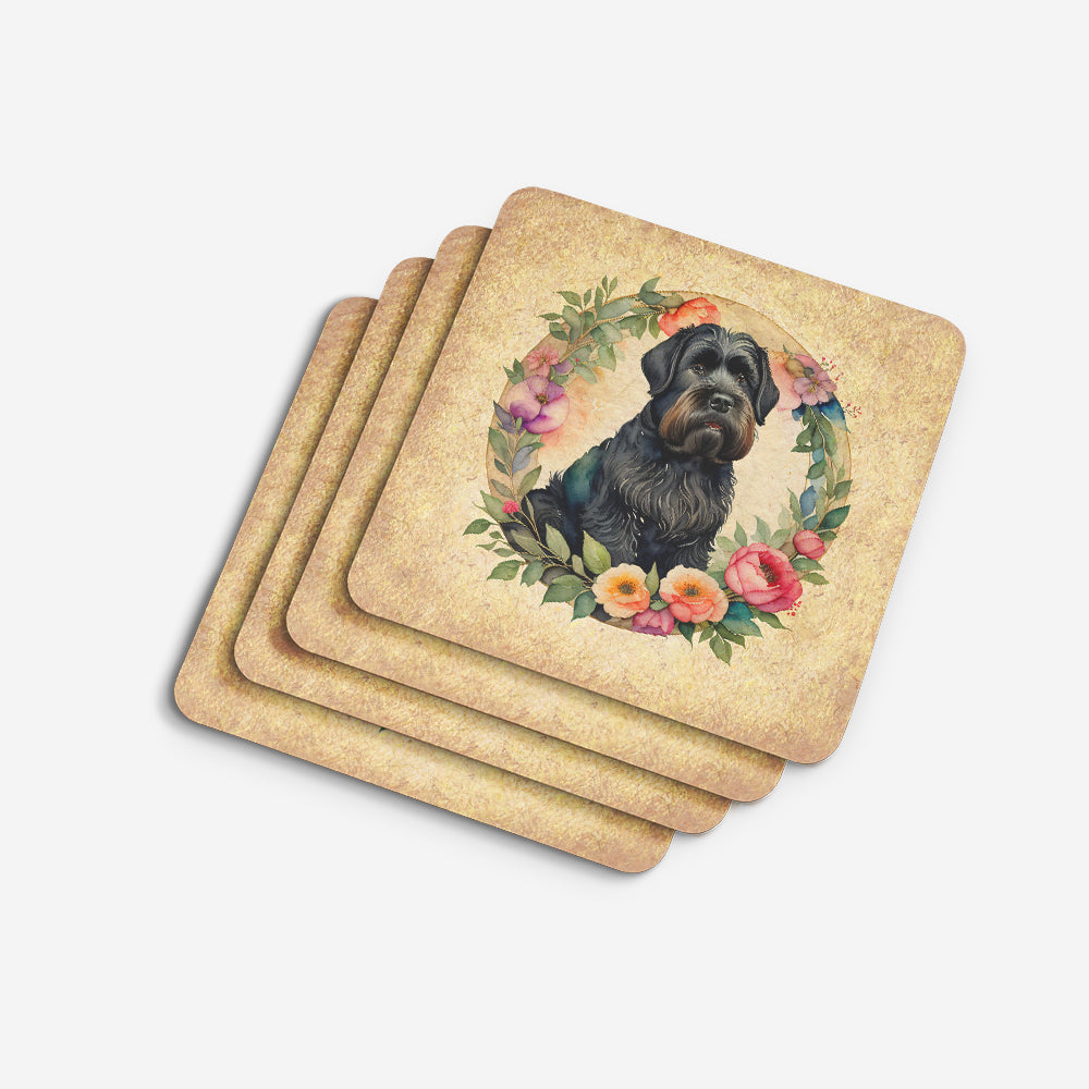 Black Russian Terrier and Flowers Foam Coasters