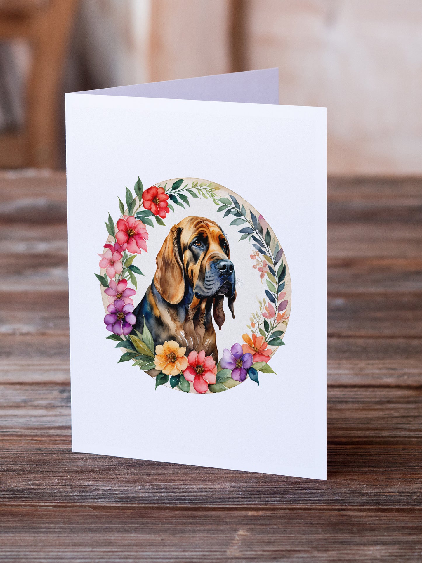 Bloodhound and Flowers Greeting Cards and Envelopes Pack of 8