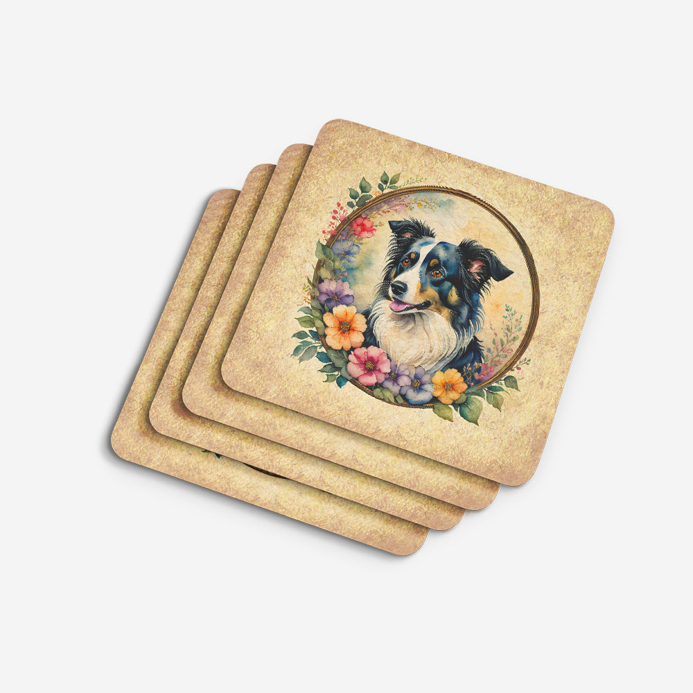 Border Collie and Flowers Foam Coasters