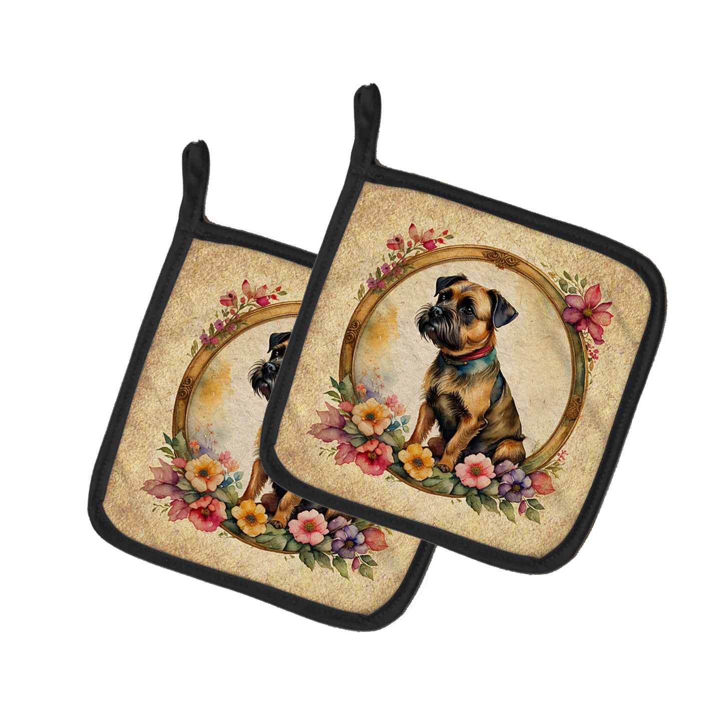 Buy this Border Terrier and Flowers Pair of Pot Holders