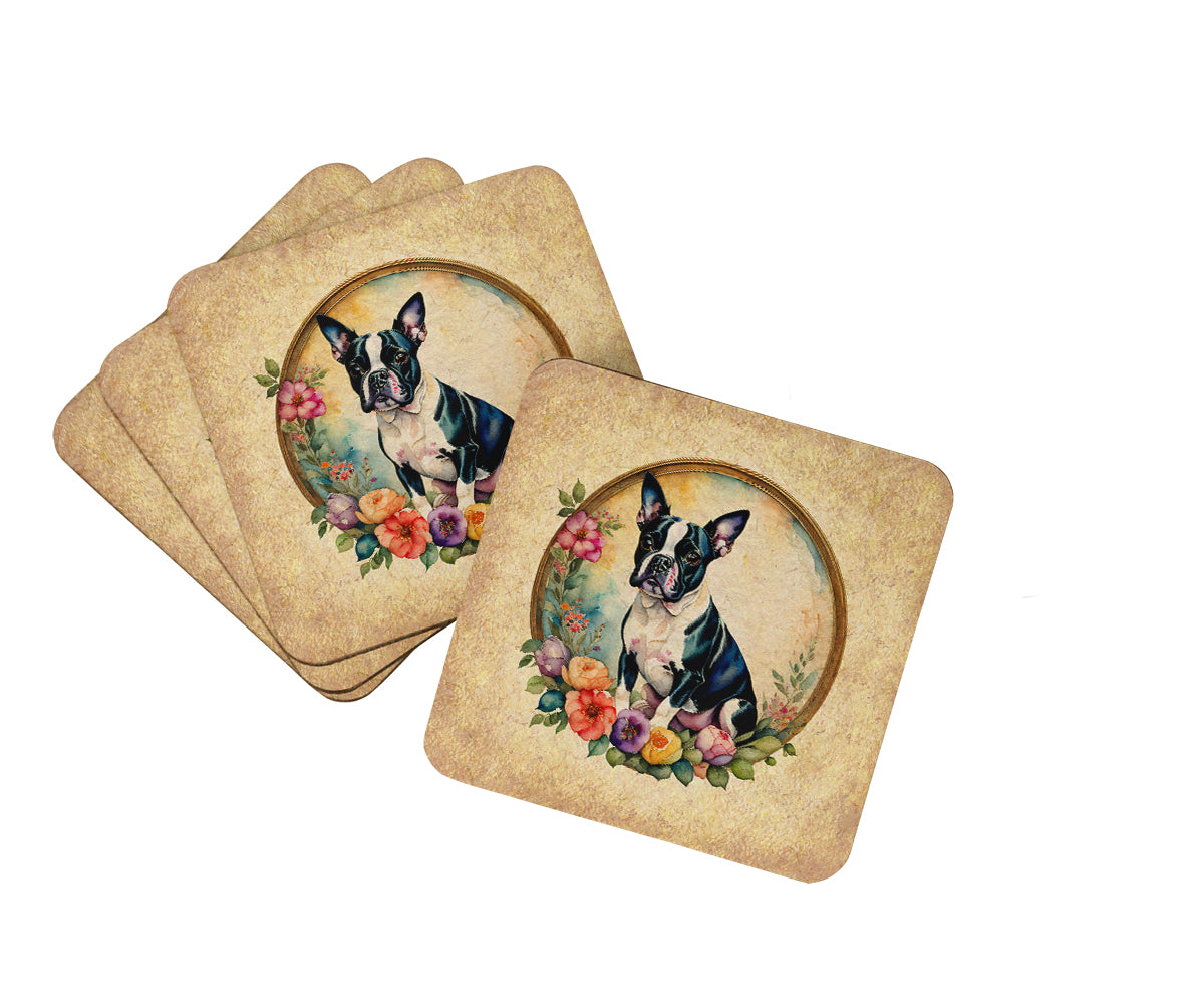 Buy this Boston Terrier and Flowers Foam Coasters