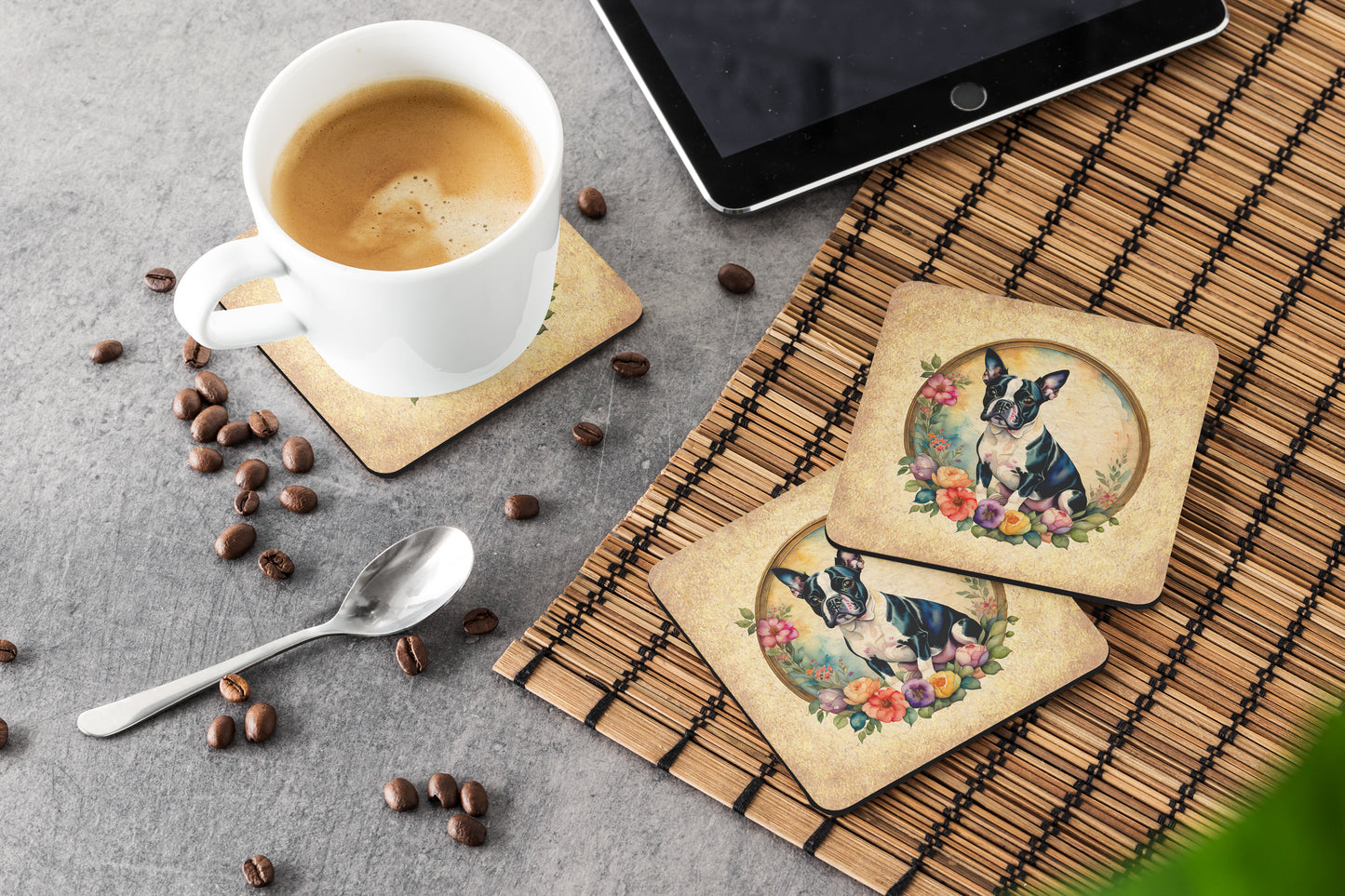 Boston Terrier and Flowers Foam Coasters