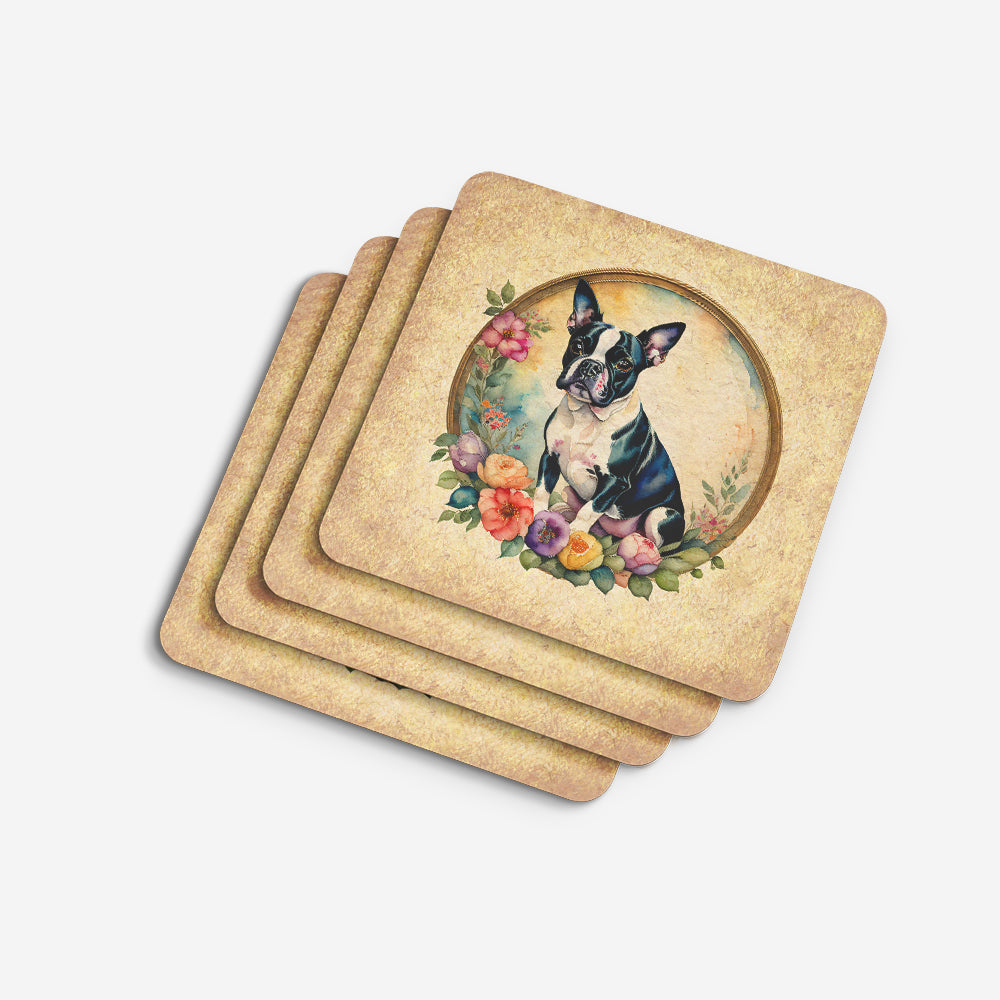 Boston Terrier and Flowers Foam Coasters