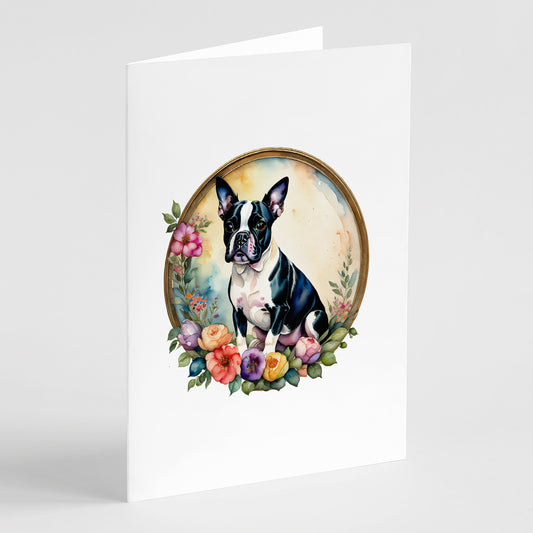 Buy this Boston Terrier and Flowers Greeting Cards and Envelopes Pack of 8