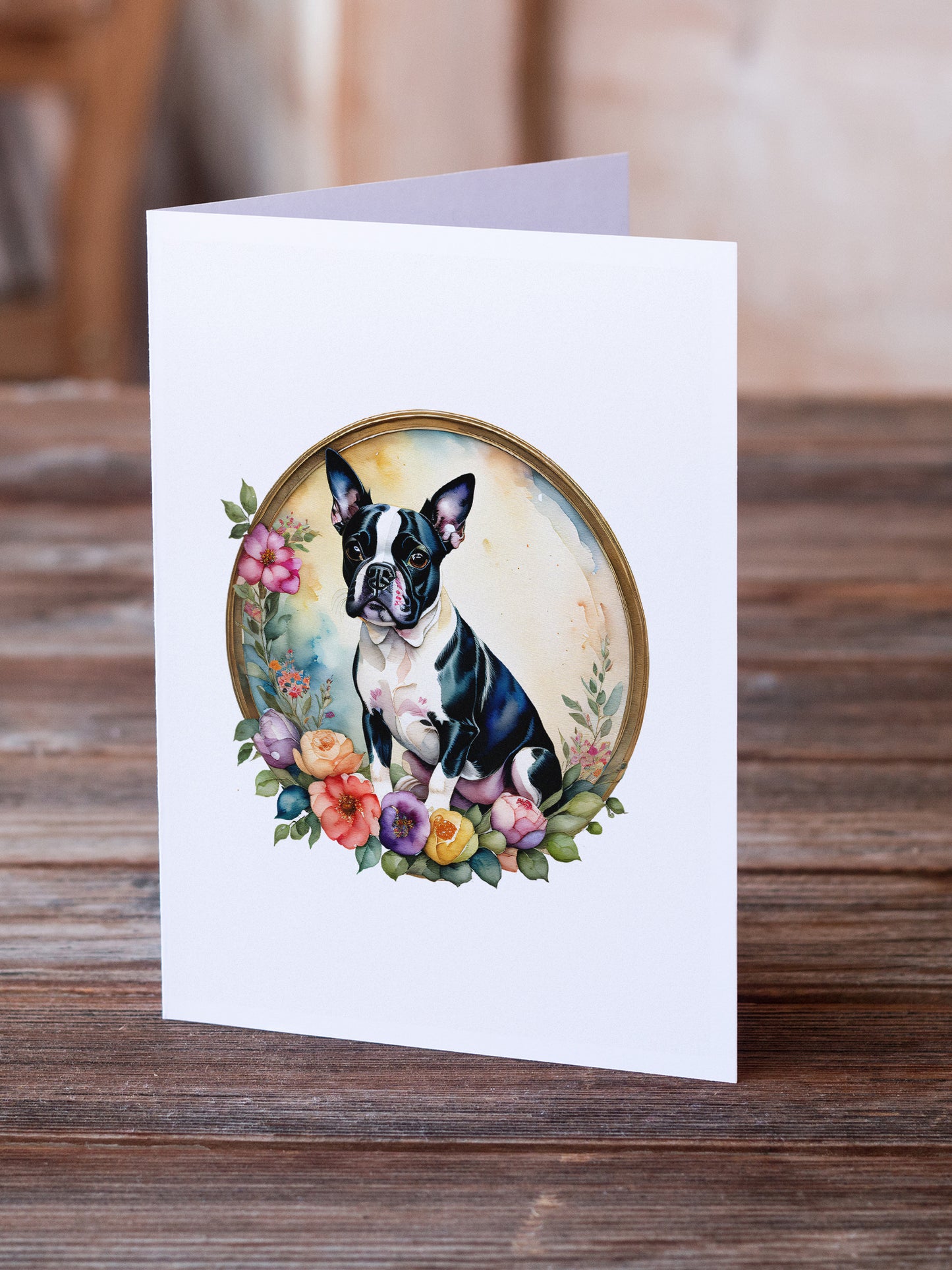 Boston Terrier and Flowers Greeting Cards and Envelopes Pack of 8