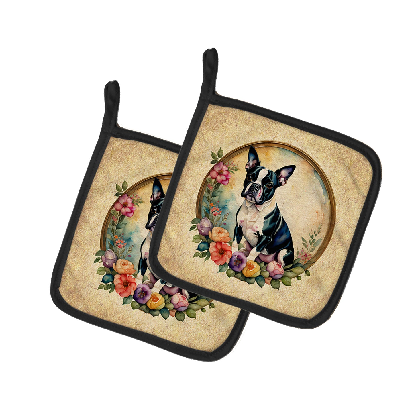 Buy this Boston Terrier and Flowers Pair of Pot Holders