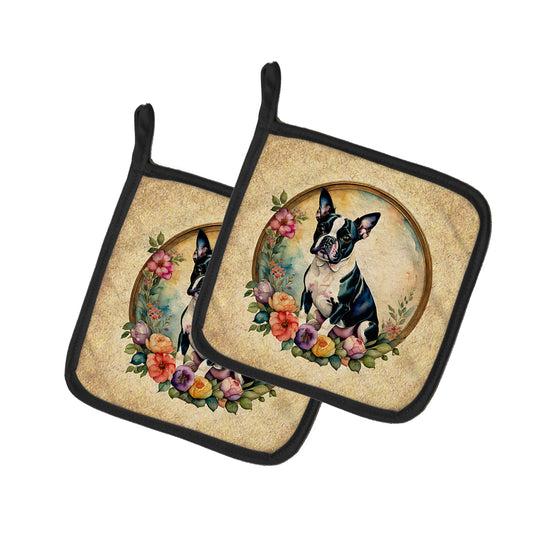 Buy this Boston Terrier and Flowers Pair of Pot Holders
