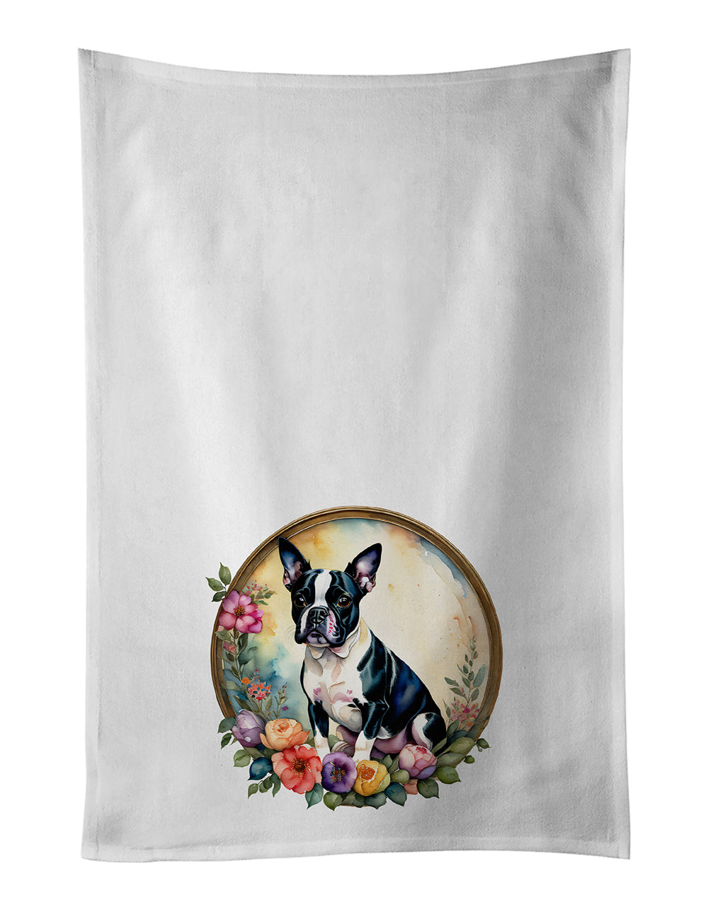 Buy this Boston Terrier and Flowers Kitchen Towel Set of 2