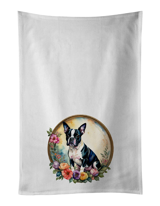 Buy this Boston Terrier and Flowers Kitchen Towel Set of 2