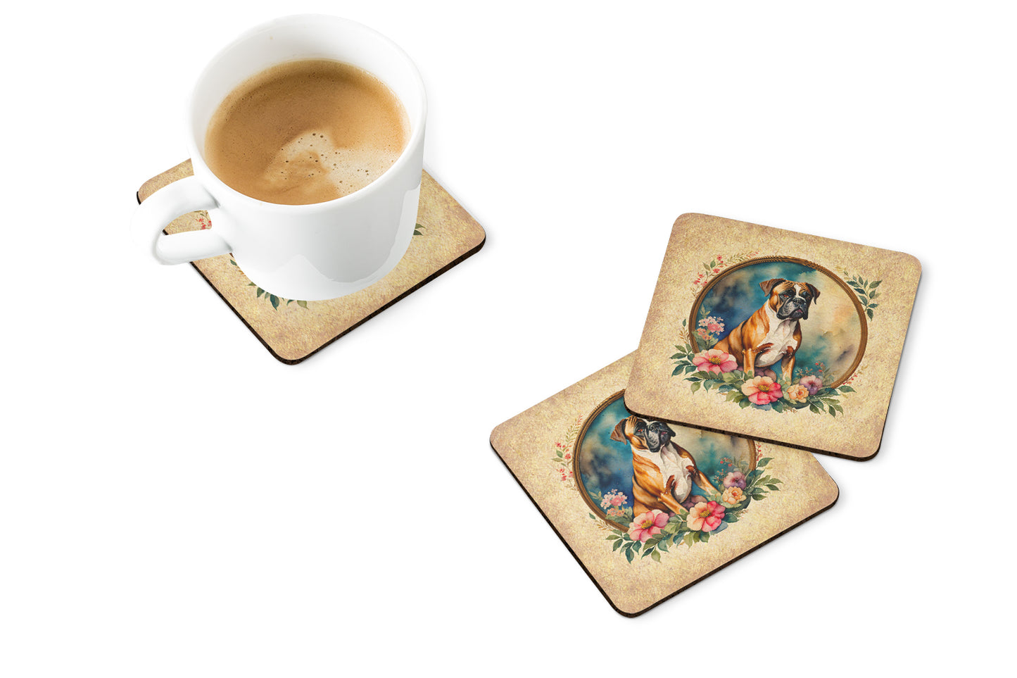 Boxer and Flowers Foam Coasters