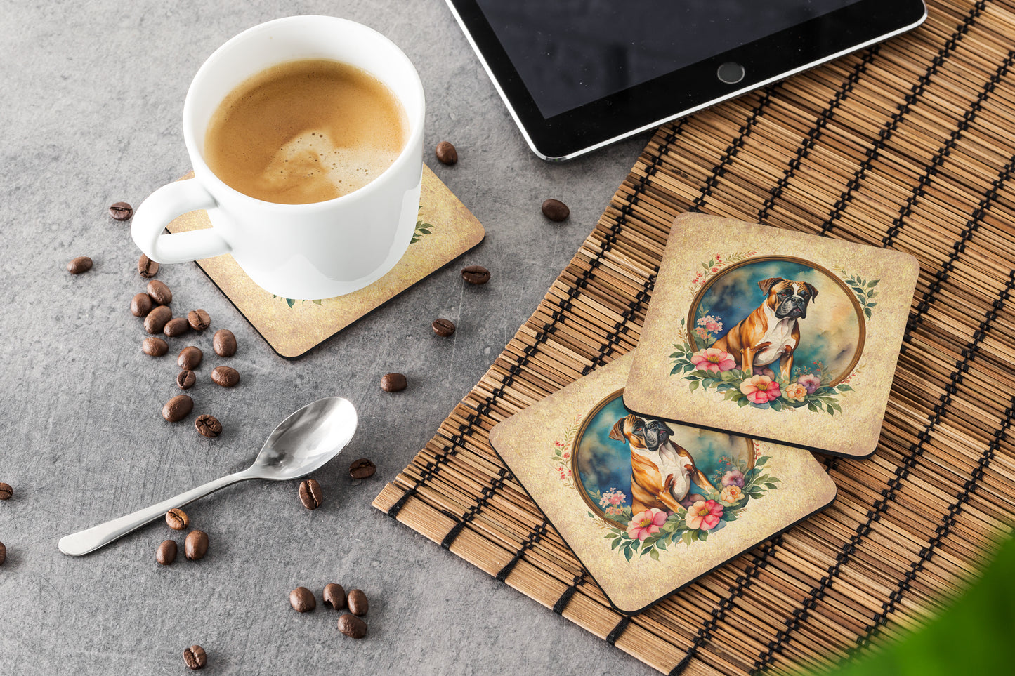 Boxer and Flowers Foam Coasters