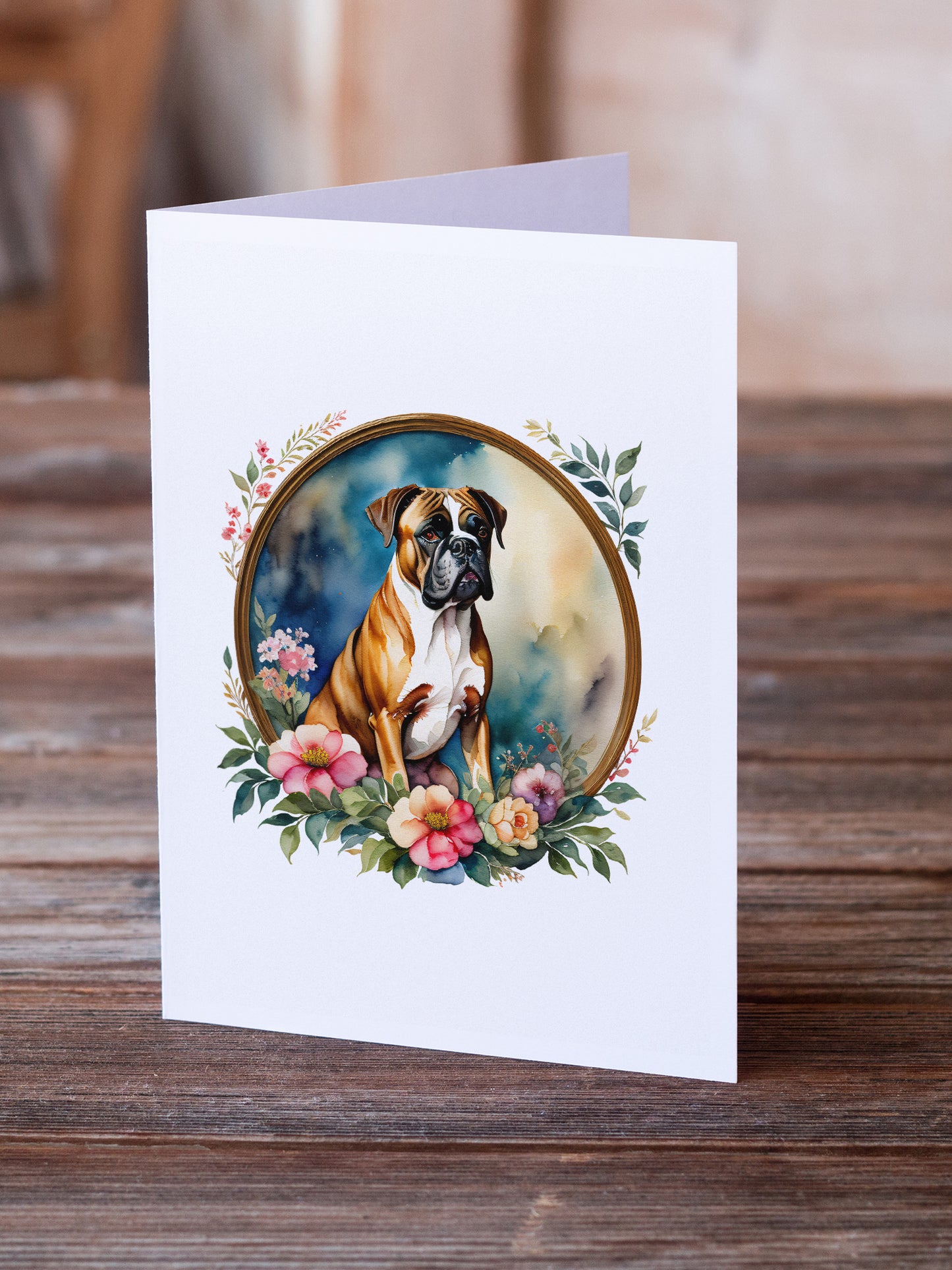 Boxer and Flowers Greeting Cards and Envelopes Pack of 8