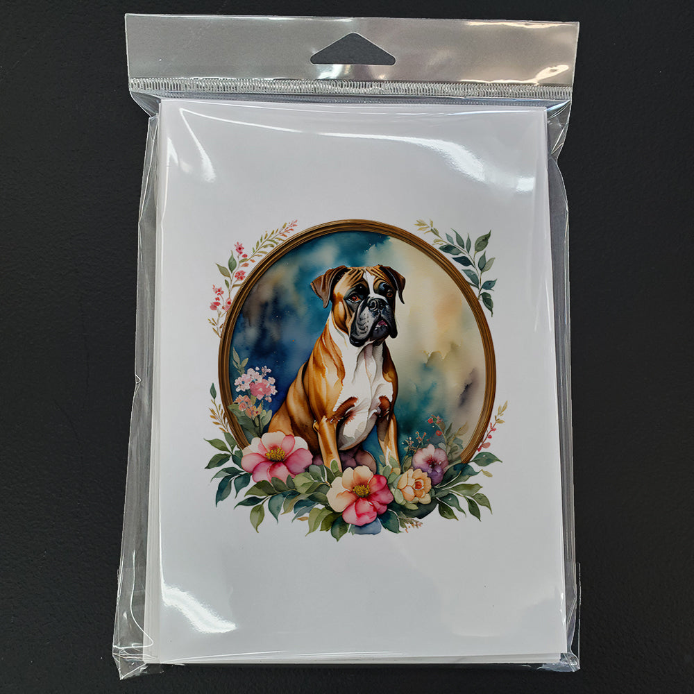 Boxer and Flowers Greeting Cards and Envelopes Pack of 8