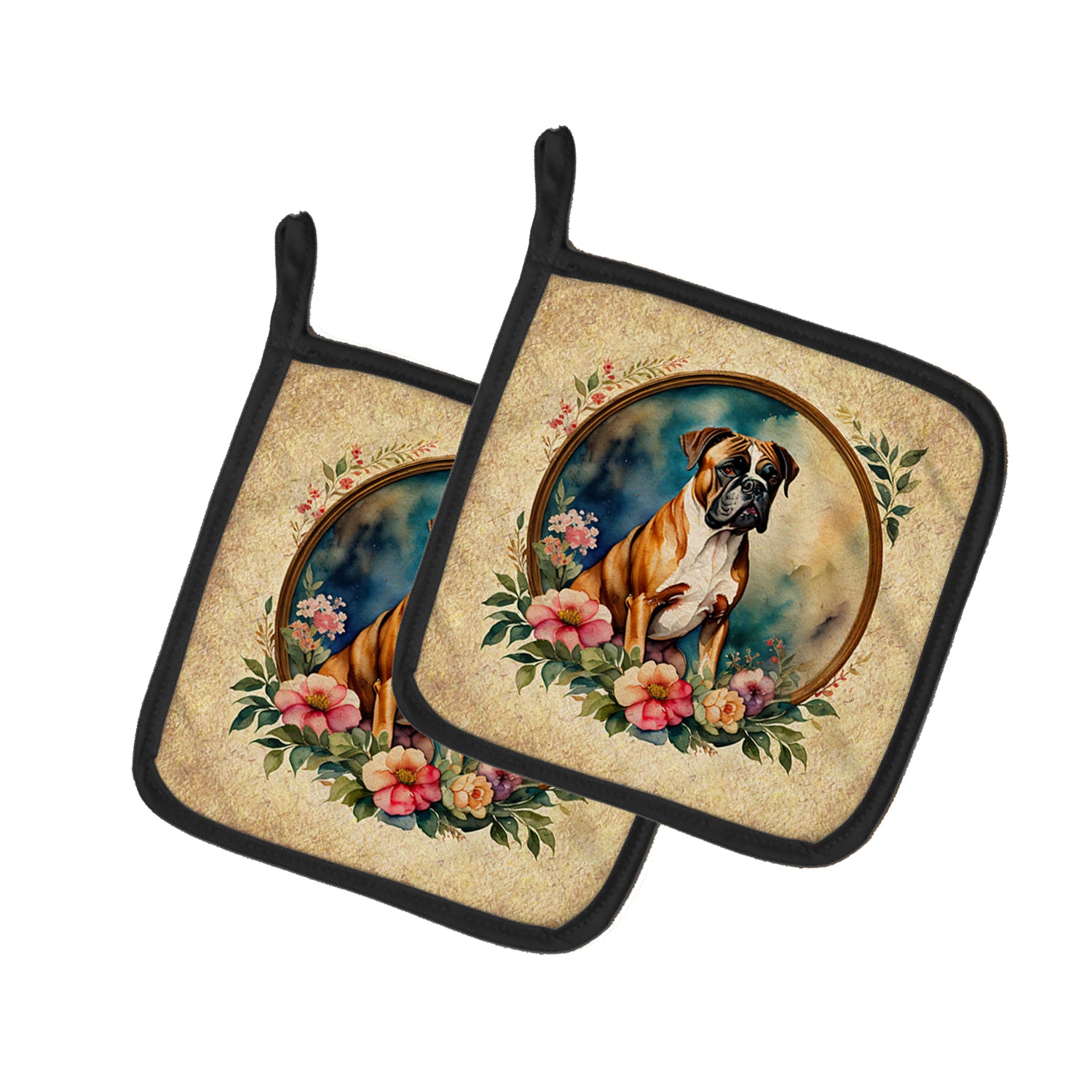 Buy this Boxer and Flowers Pair of Pot Holders