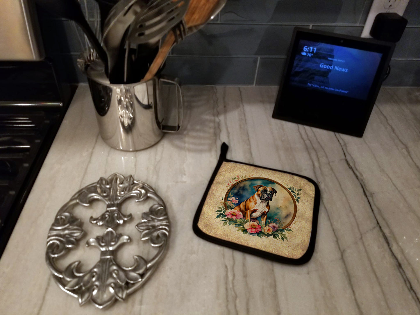 Boxer and Flowers Pair of Pot Holders