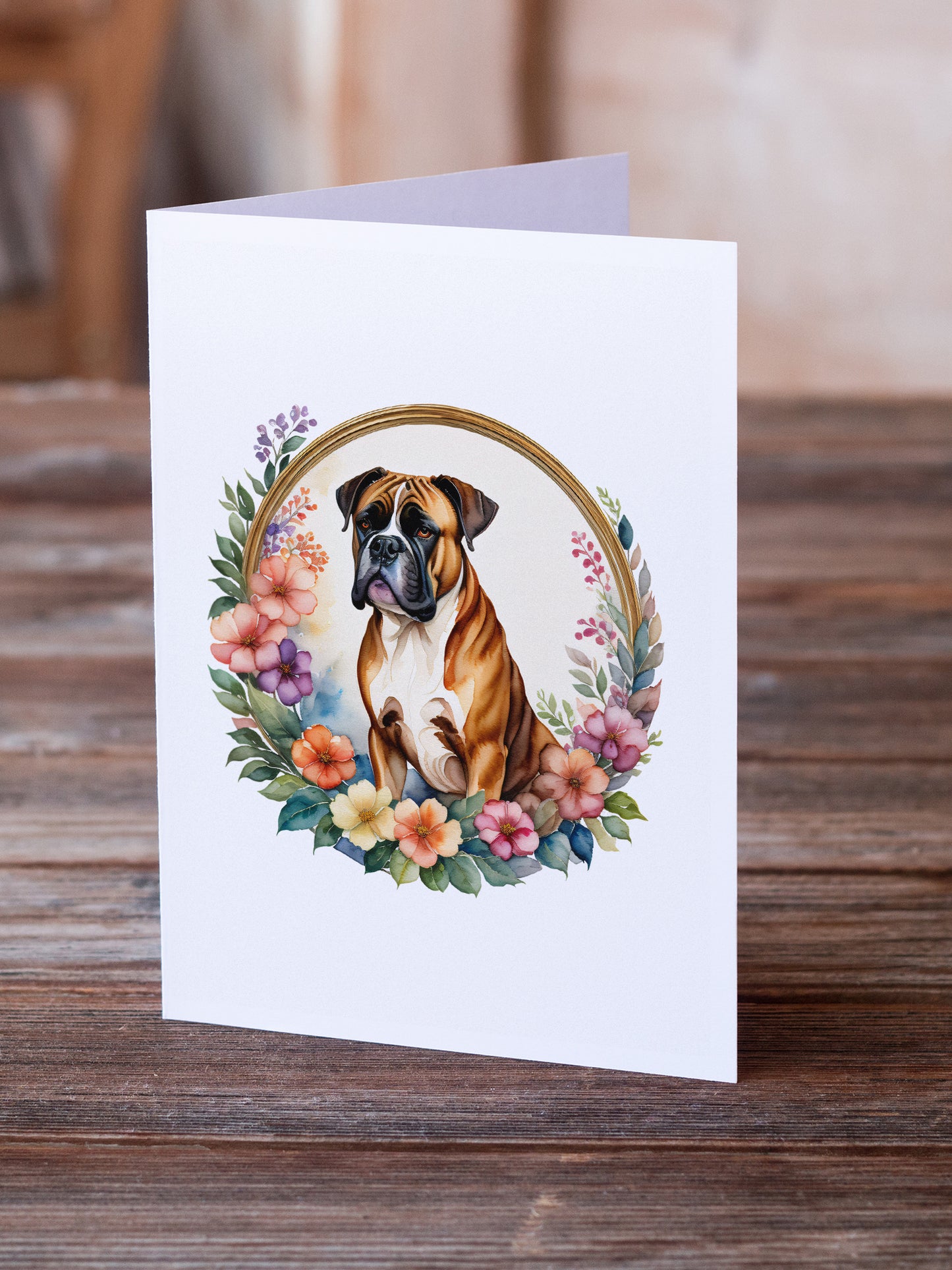 Boxer and Flowers Greeting Cards and Envelopes Pack of 8