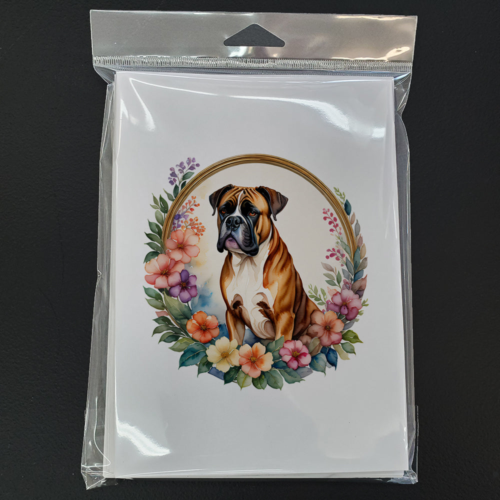 Boxer and Flowers Greeting Cards and Envelopes Pack of 8