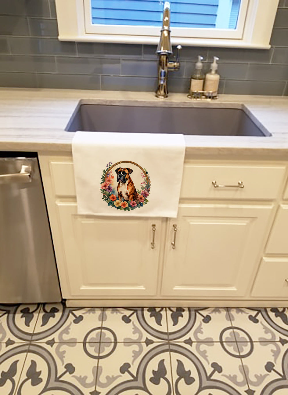 Boxer and Flowers Kitchen Towel Set of 2