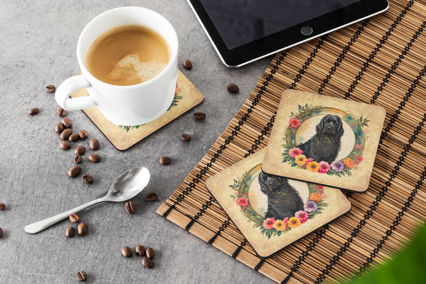 Briard and Flowers Foam Coasters