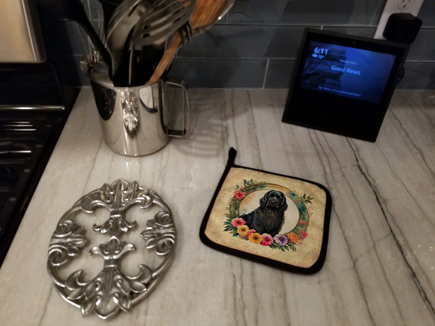 Briard and Flowers Pair of Pot Holders