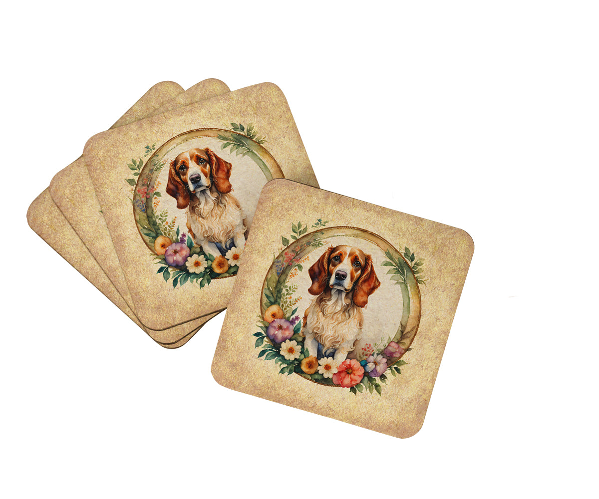 Buy this Brittany Spaniel and Flowers Foam Coasters