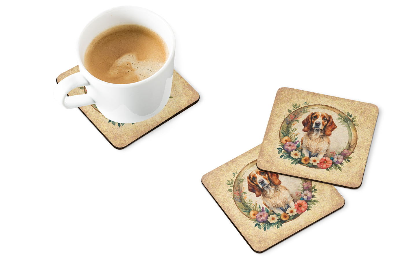 Brittany Spaniel and Flowers Foam Coasters