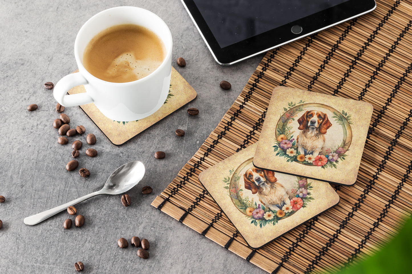 Brittany Spaniel and Flowers Foam Coasters