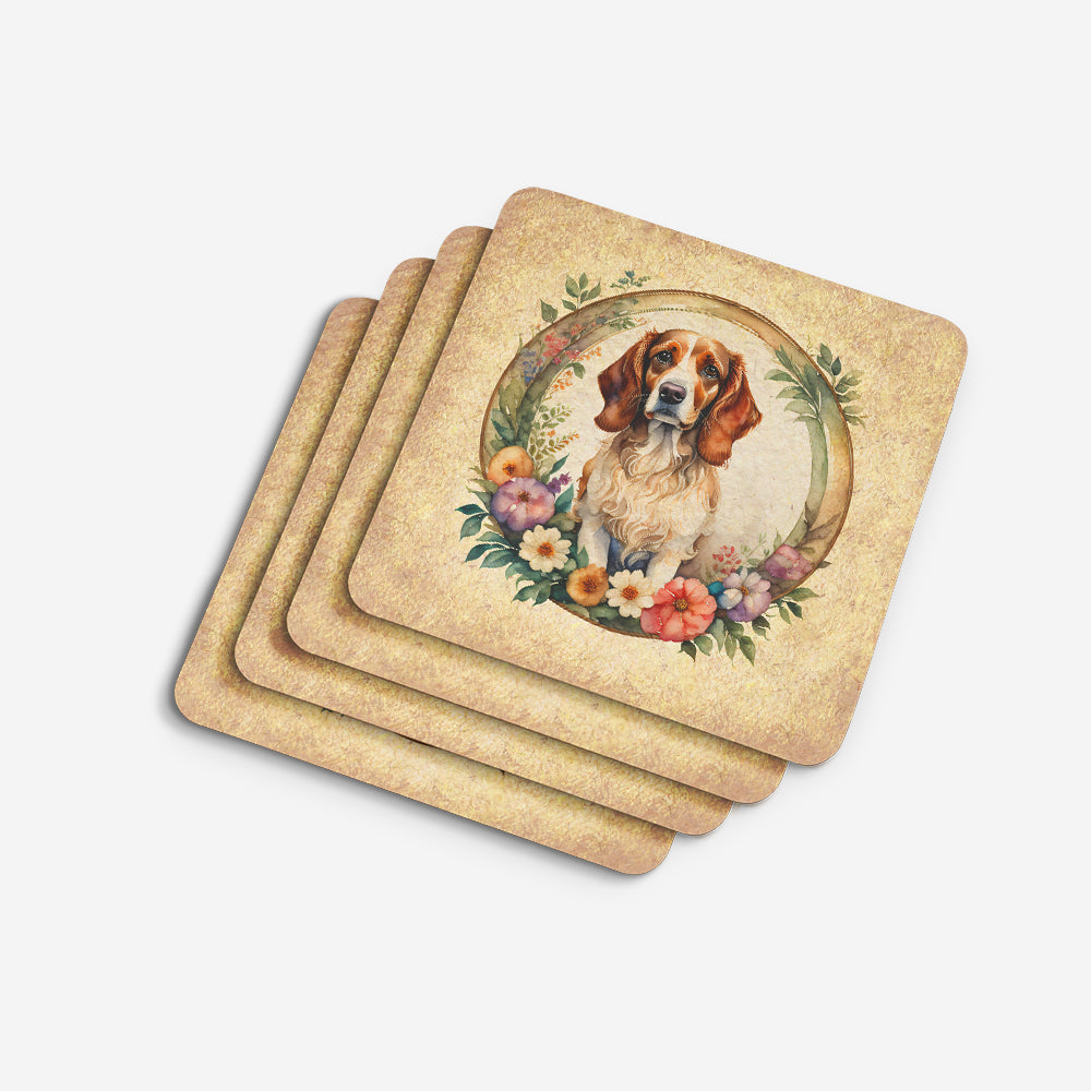 Brittany Spaniel and Flowers Foam Coasters