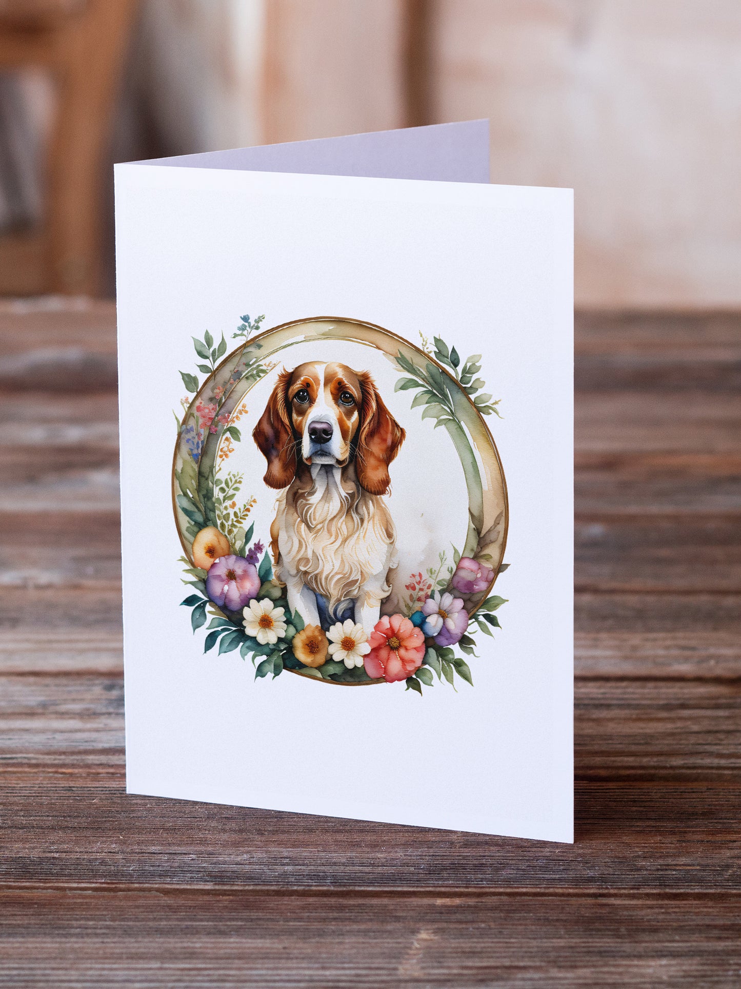 Brittany Spaniel and Flowers Greeting Cards and Envelopes Pack of 8