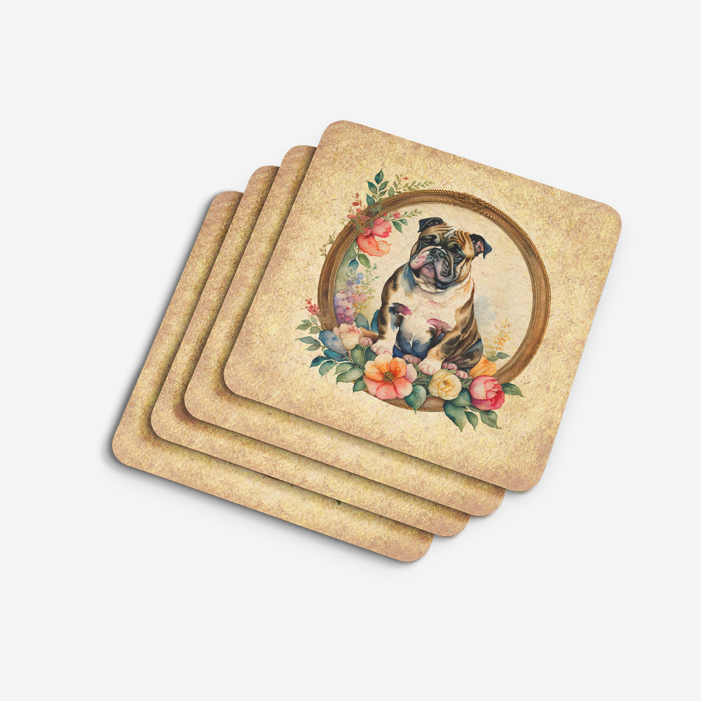 English Bulldog and Flowers Foam Coasters