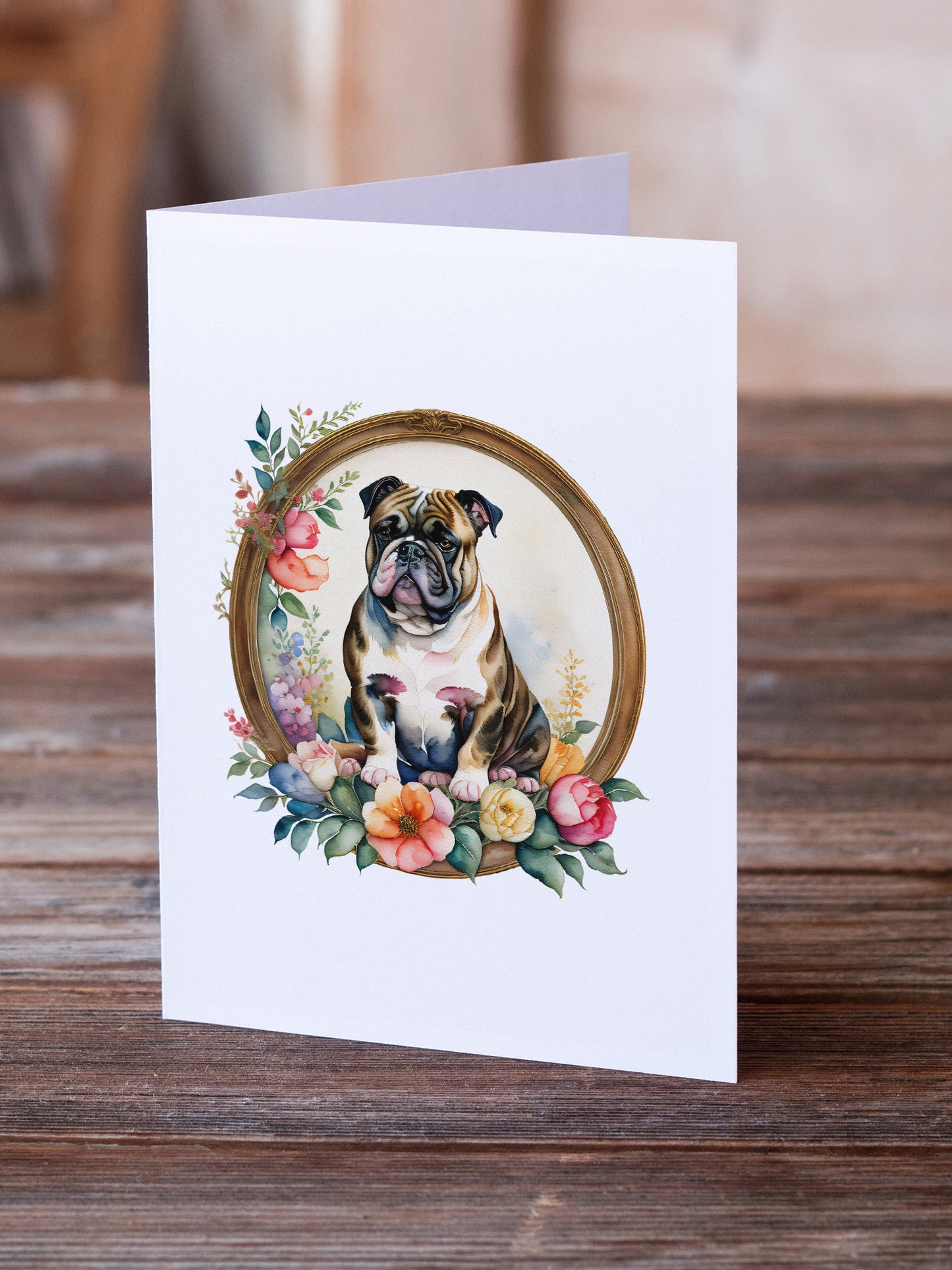 English Bulldog and Flowers Greeting Cards and Envelopes Pack of 8