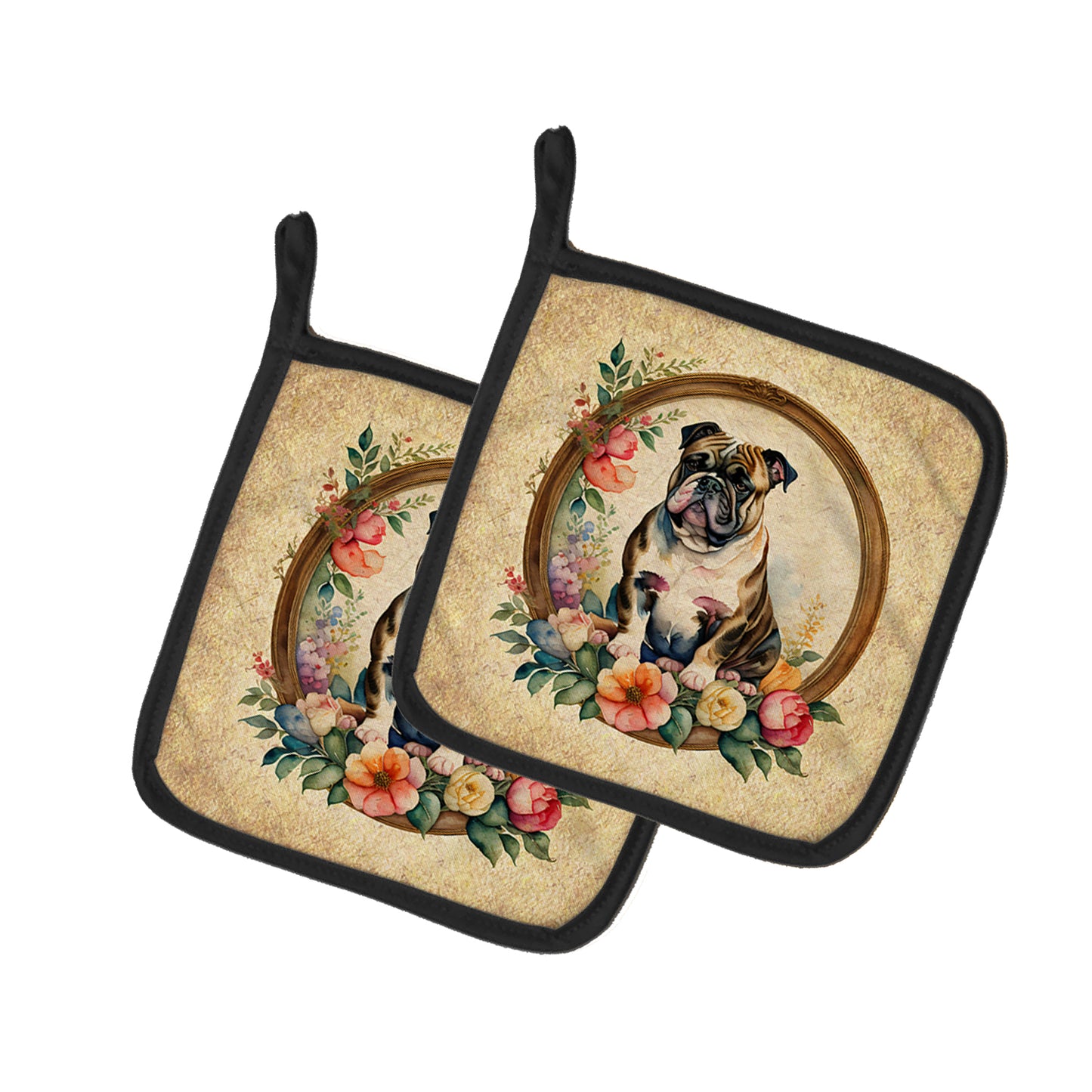 Buy this English Bulldog and Flowers Pair of Pot Holders