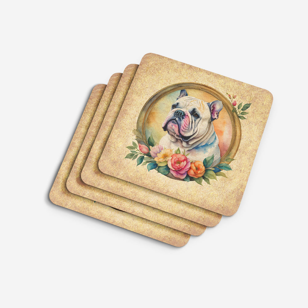 English Bulldog and Flowers Foam Coasters