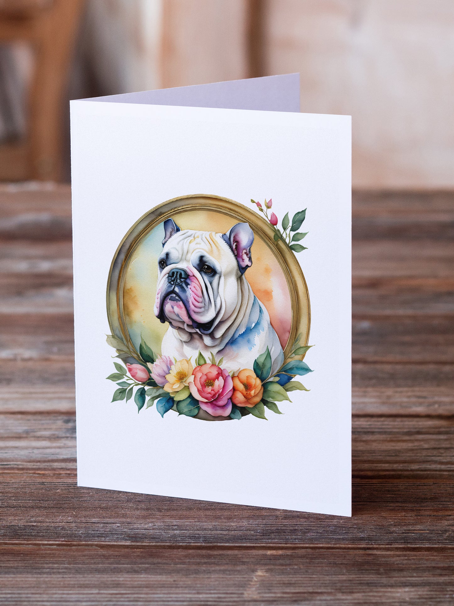 English Bulldog and Flowers Greeting Cards and Envelopes Pack of 8