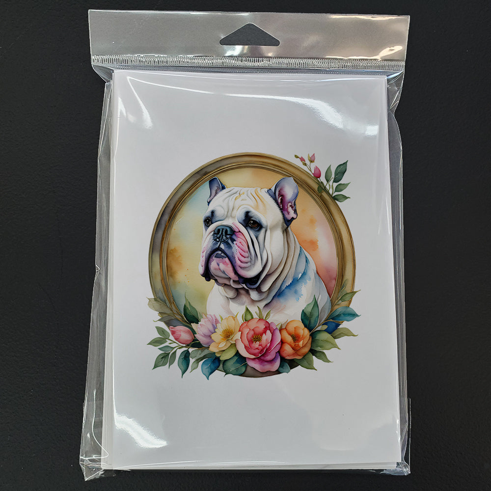 English Bulldog and Flowers Greeting Cards and Envelopes Pack of 8