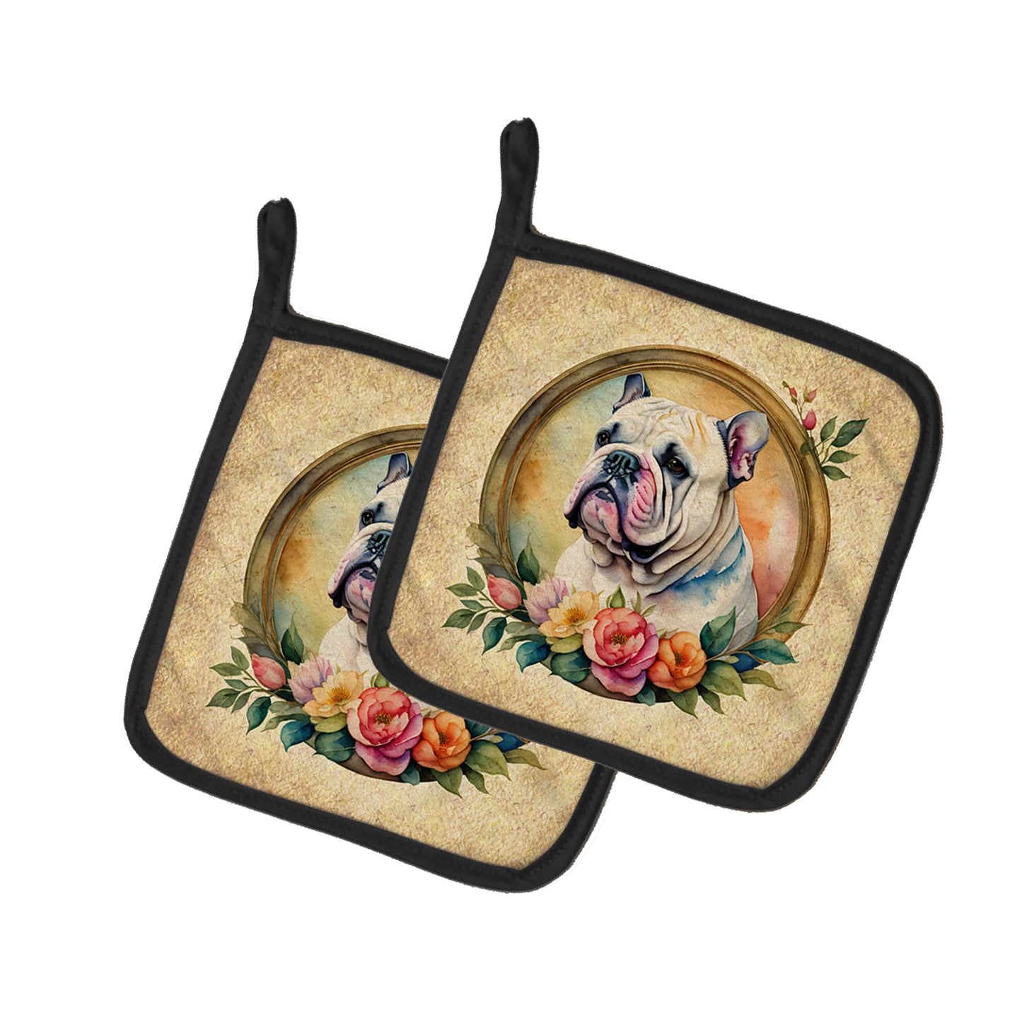 Buy this English Bulldog and Flowers Pair of Pot Holders
