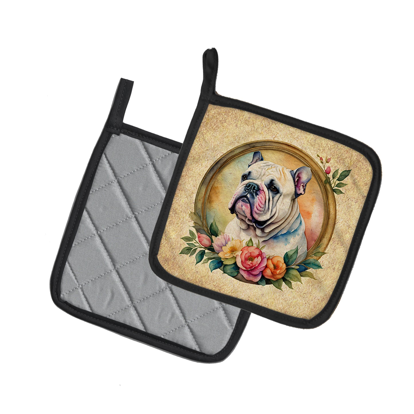 English Bulldog and Flowers Pair of Pot Holders