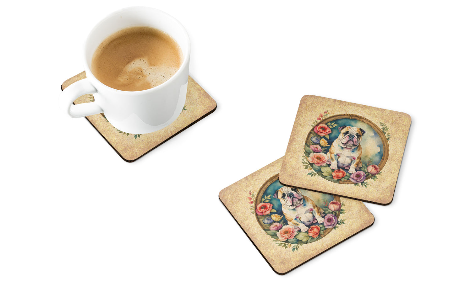 English Bulldog and Flowers Foam Coasters