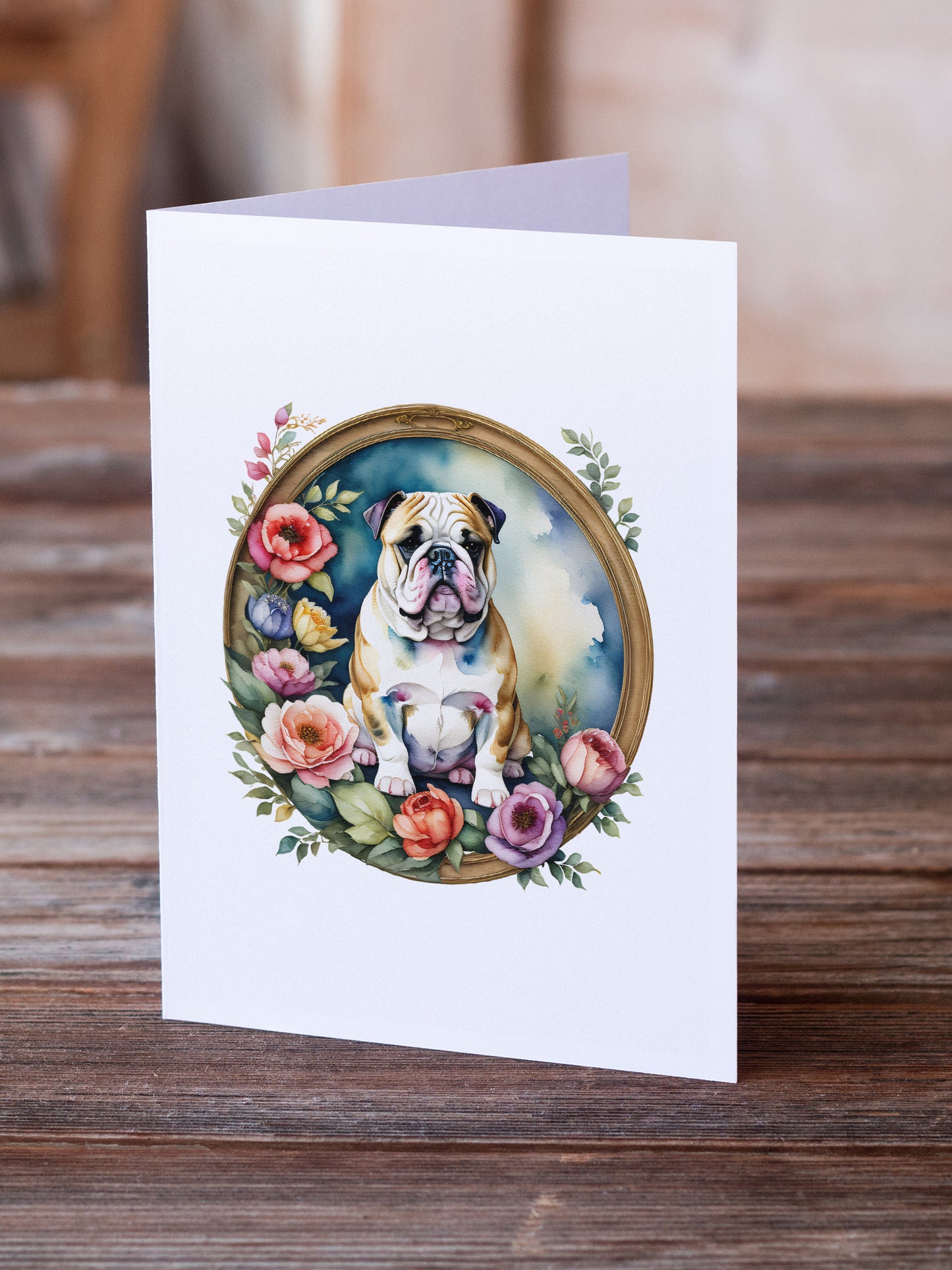 English Bulldog and Flowers Greeting Cards and Envelopes Pack of 8