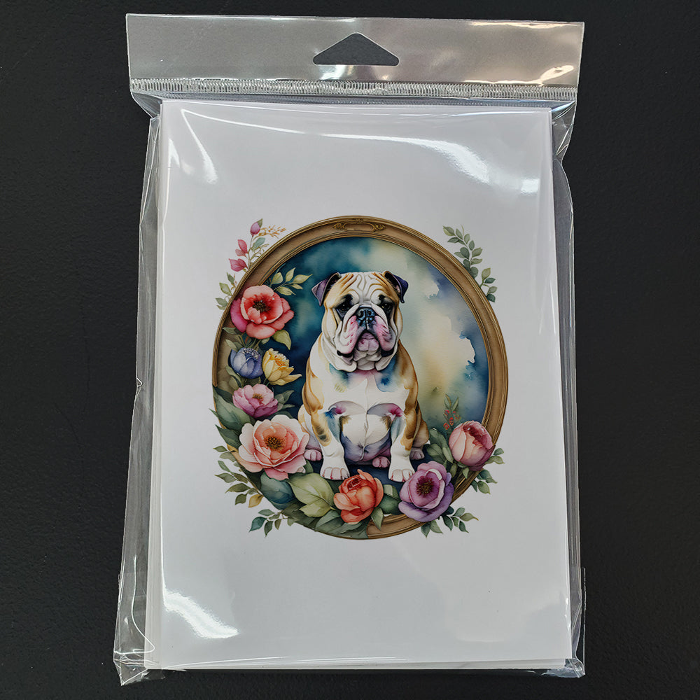 English Bulldog and Flowers Greeting Cards and Envelopes Pack of 8