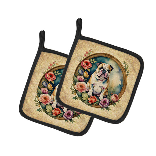 Buy this English Bulldog and Flowers Pair of Pot Holders
